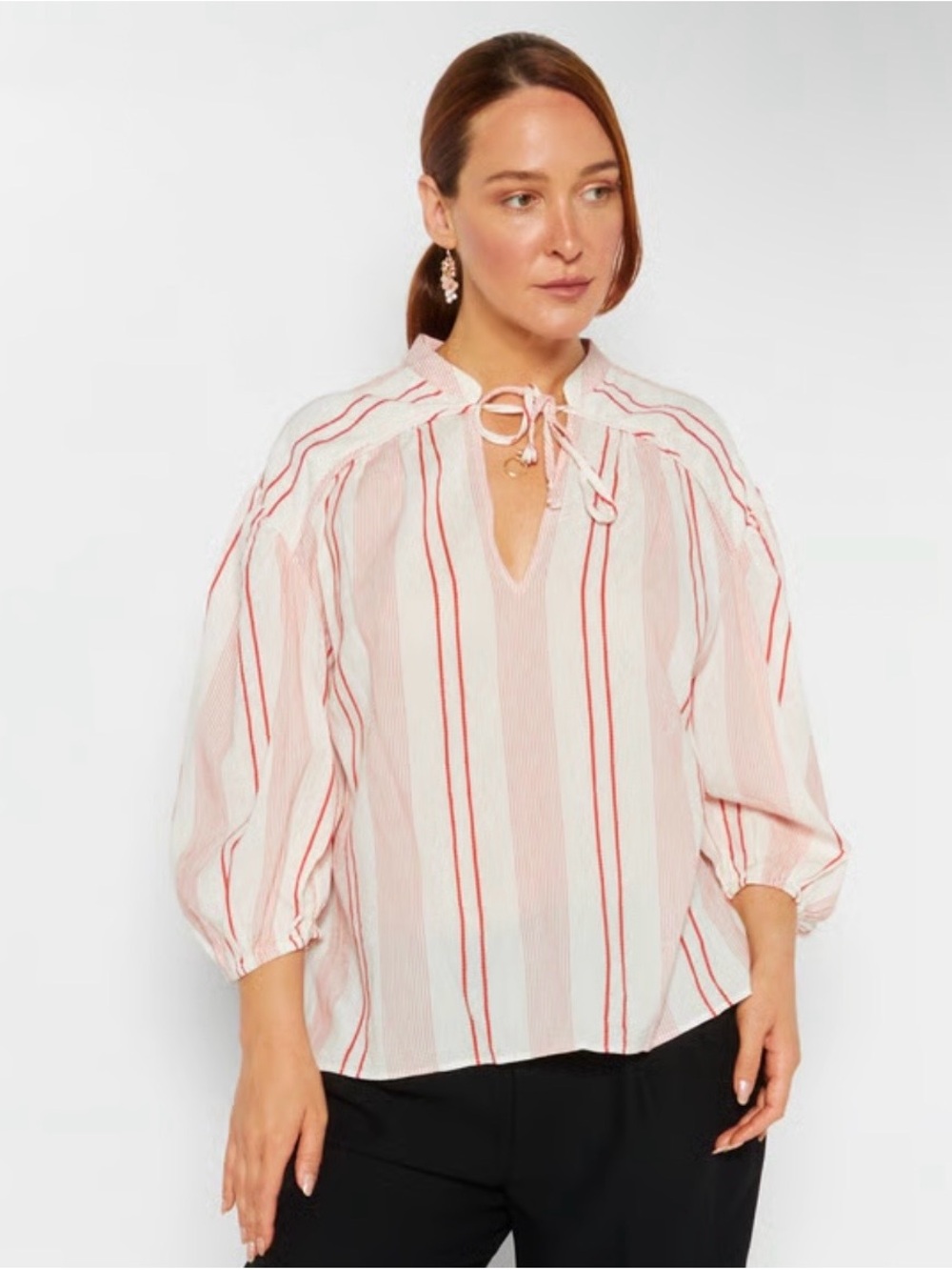 Joie White and Red Striped Tie-Neck Balloon Sleeve Tunic